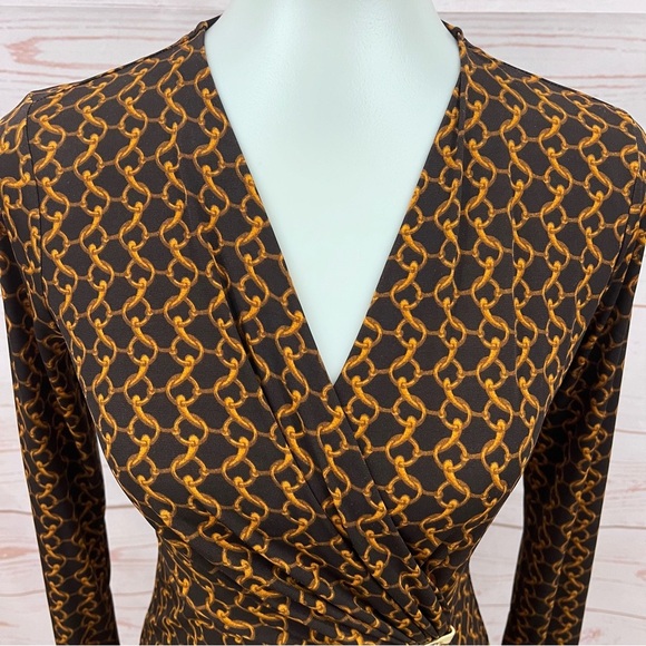 Michael Kors Espresso Chain Link Print Stretch Jersey Faux Wrap Dress - Picture 8 of 14